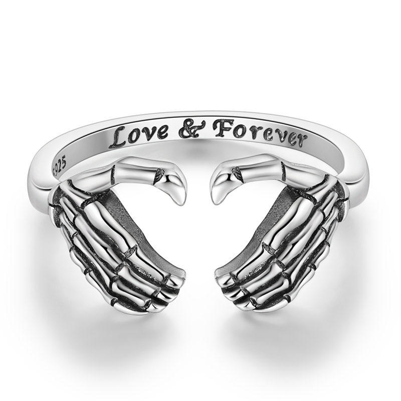Women's 925 Sterling Silver Skeleton Hand Heart Sign Open Ring