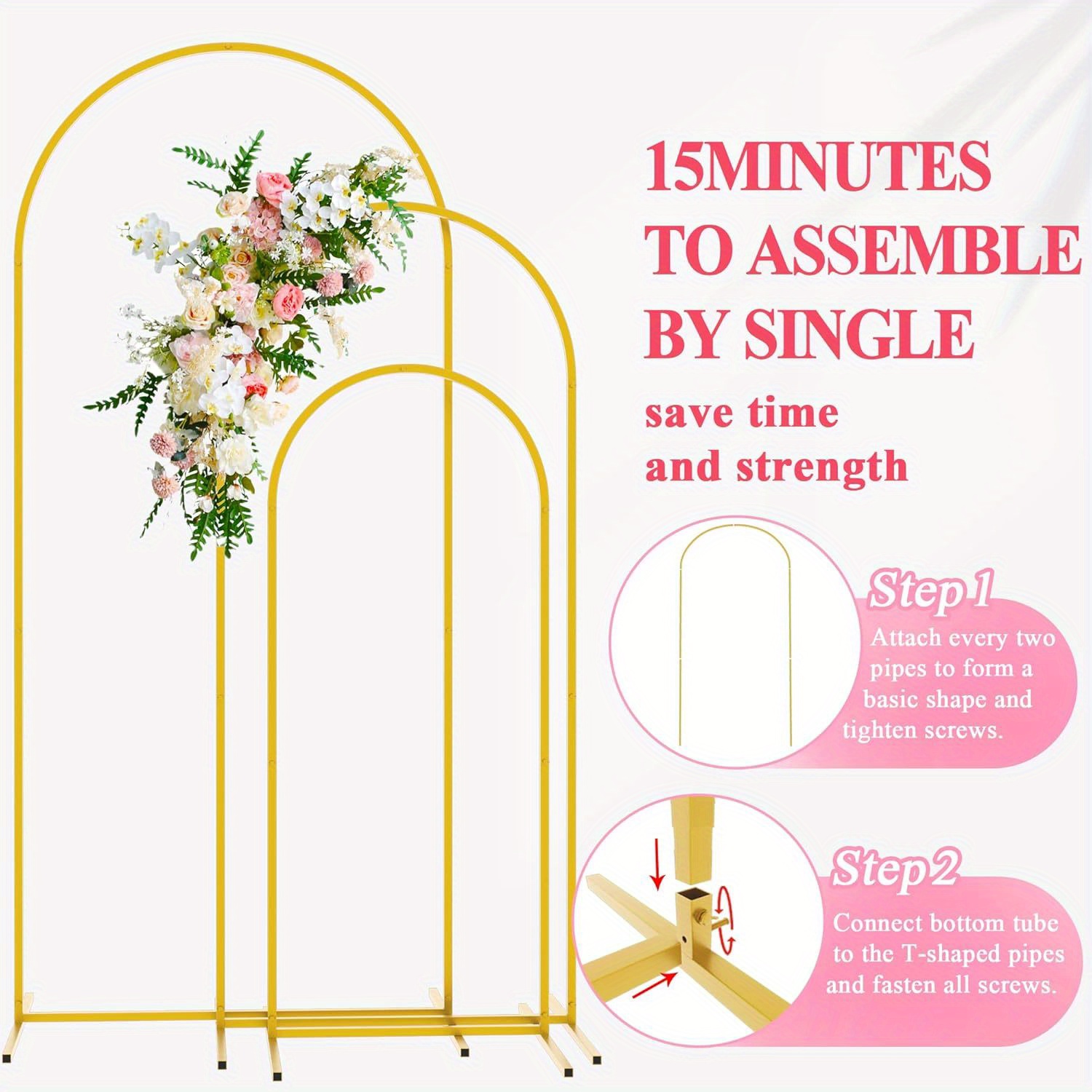 

3pcs Wedding Arch Backdrop Stand 6ft, 5ft, 4ft Set Of 3 Golden Metal Arch, Stand For Wedding Shower Birthday Party Decor