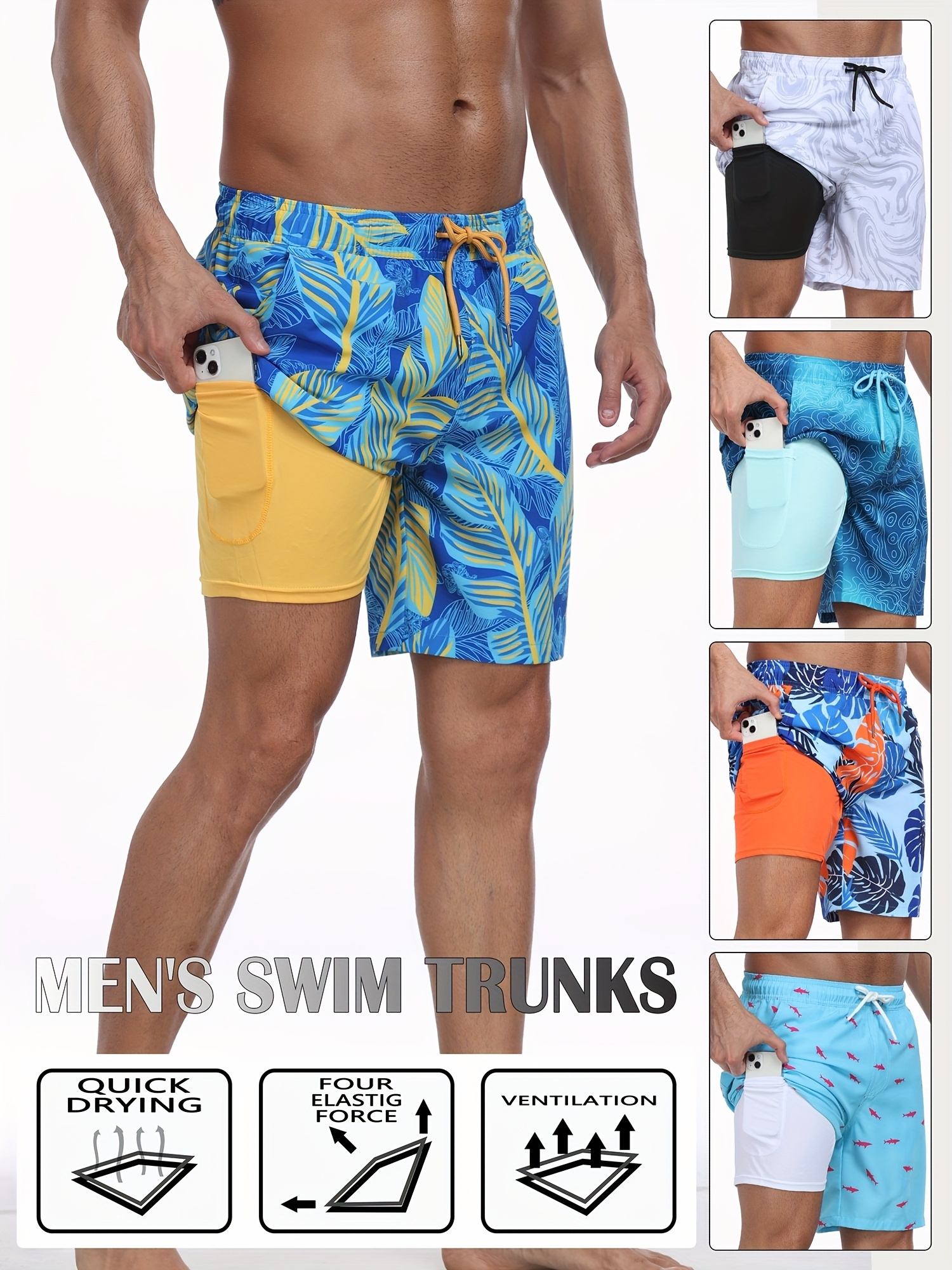 men s quick dry swim trunks with side pockets stylish marble pattern drawstring waist breathable suitable for beach pool and sports