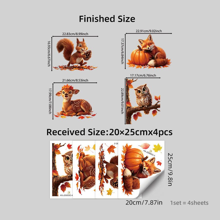 Image of Autumn Forest Animals Window Stickers, Cute Squirrel Fox Deer Owl With And Pumpkin, Double-sided Electrostatic Window Clings, For Room Bedroom Window Glass Door Autumn Fall For Home Decor Decal