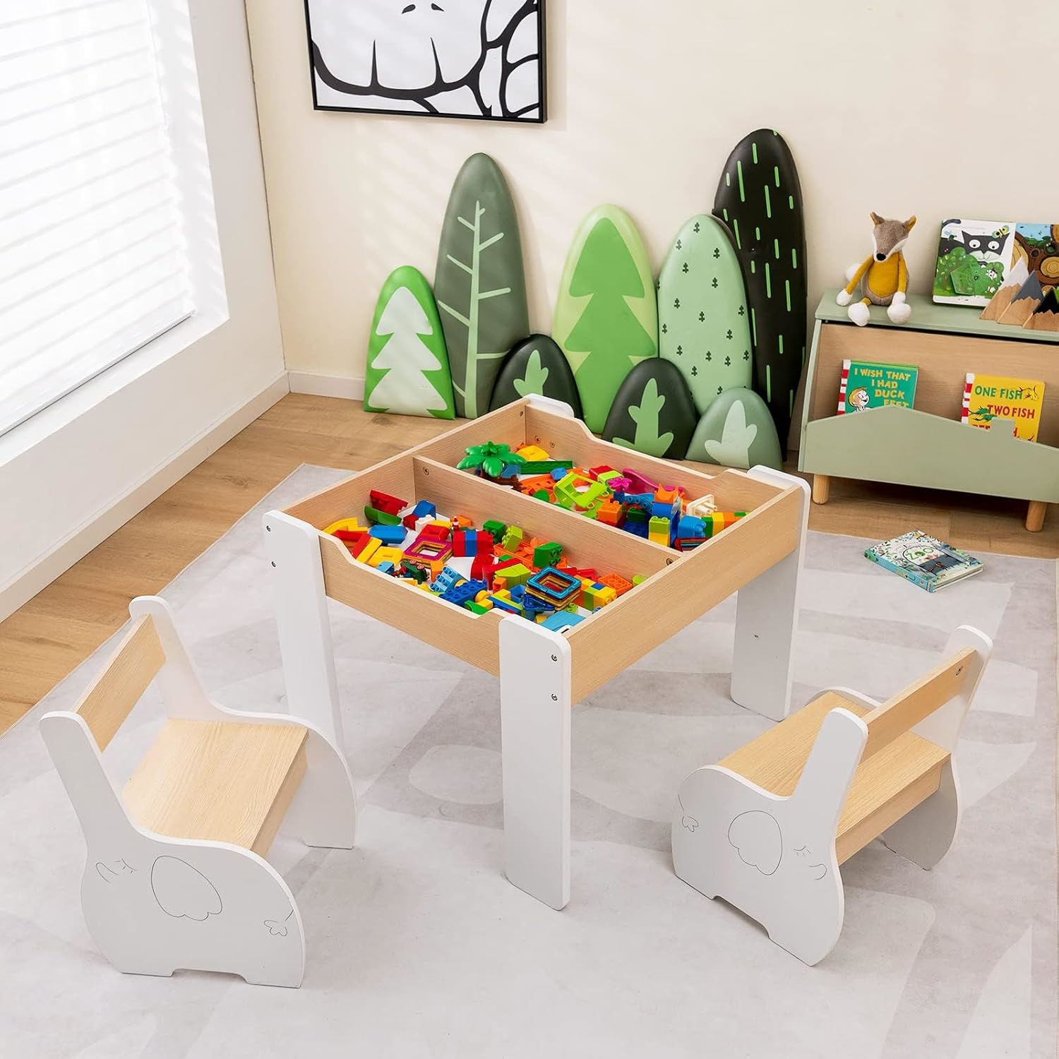 Table With 2 Chairs, 3pcs Wooden Furniture Set With Reversible And Removable Table Top