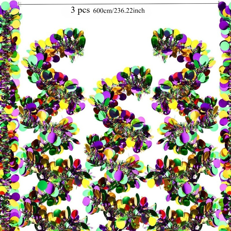 Image of Mardi Gras Tinsel Garland – Metallic Hanging Decor, Party Garlands, Shiny Mardi Gras Tree Ornaments For Carnival Party, Indoor/outdoor Decor