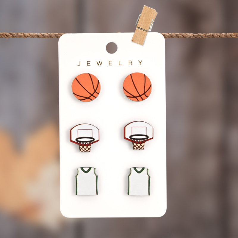 

3 Pairs/set Basketball Basketball Hoop Jersey Wooden Stud Earrings 3pcs Set Ideal Basketball Gift For Women, Teens And Girls Players And Fans