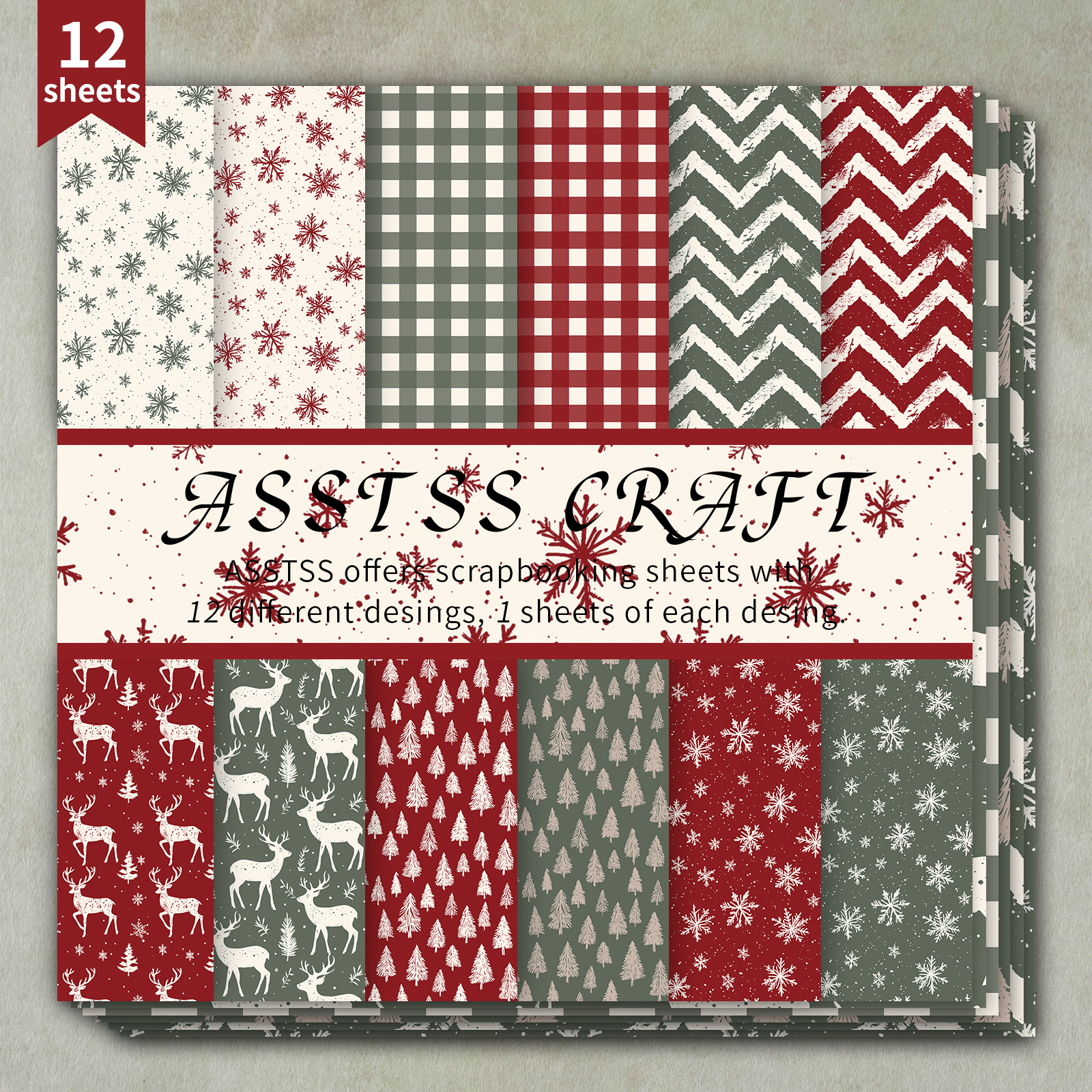 TEMU 12-sheet Asstss Heavyweight Scrapbook Paper Pad - Vintage Christmas Cardstock With 6 Assorted Holiday Themes (, Chevron, Gingham, Snowflakes,