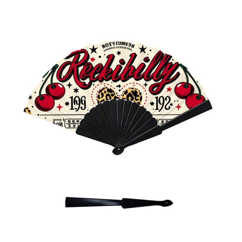 TEMU Retro Rockabilly Themed 1pc Plastic Hand Fan, Leopard Print Vintage Graphic Design, Portable Plastic Rib Handheld Fan, Perfect For Daily Cooling