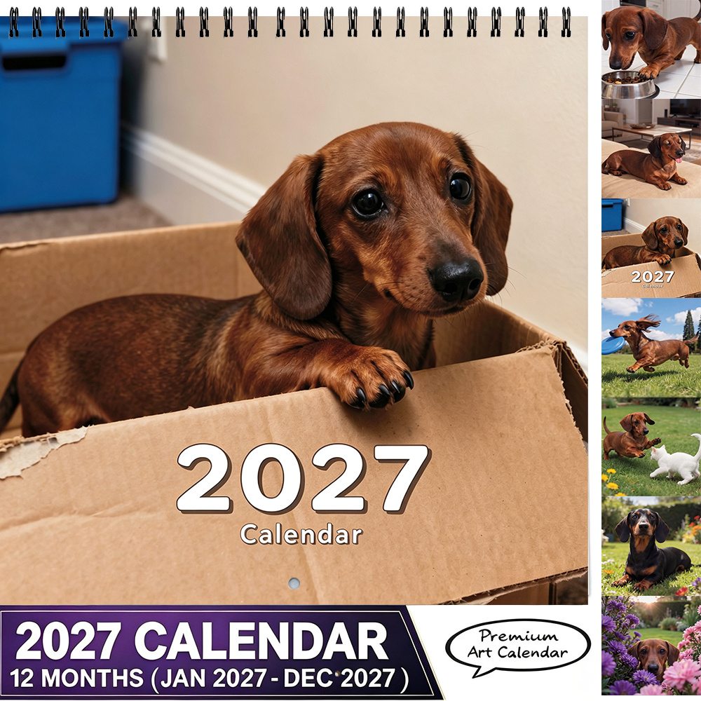 TEMU 1pc 2027 Dachshund Wall Calendar Suitable For Christmas, Thick Paper Monthly Hanging Calendar With Adorable Puppy Photo & Dachshund Breed For