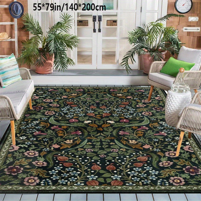 TEMU 1pc Tapis de Zone Floral Bohème - 39"x63" Grand Antidérapant Lavable en Machine pour Intérieur/Extérieur avec Dos en Plastique , Polyester Lourd