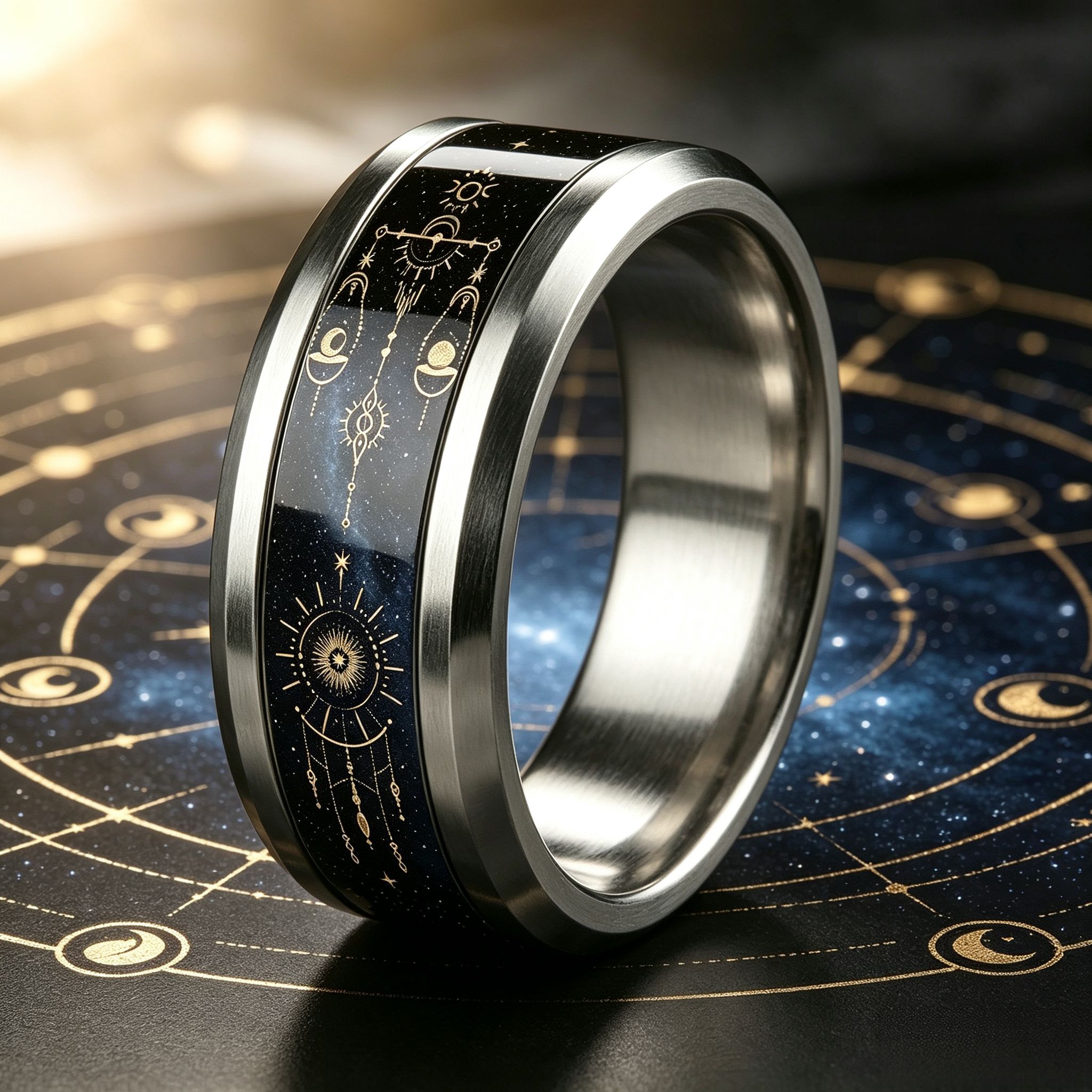 Starry Sky Universe Astrological Stainless Steel Ring, 8mm