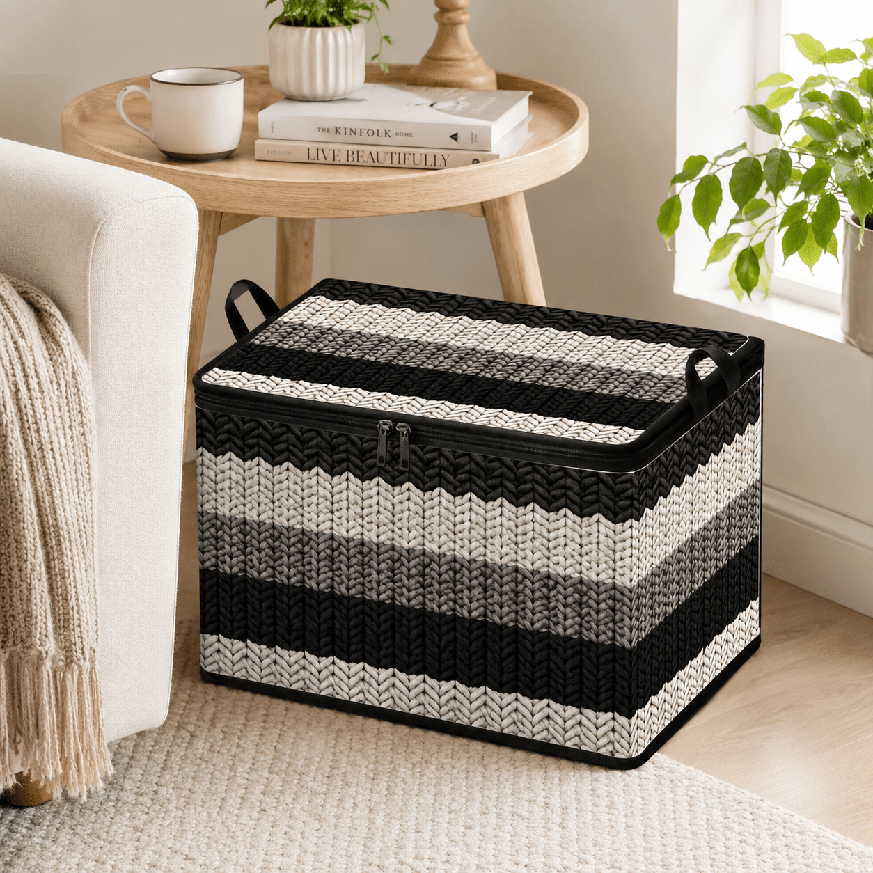 TEMU 1pc Black, White, And Gray Knit Striped Print Storage Box With Lid, Dual-handle Zippered Fabric Storage Bin For Home Organization Of Clothes,