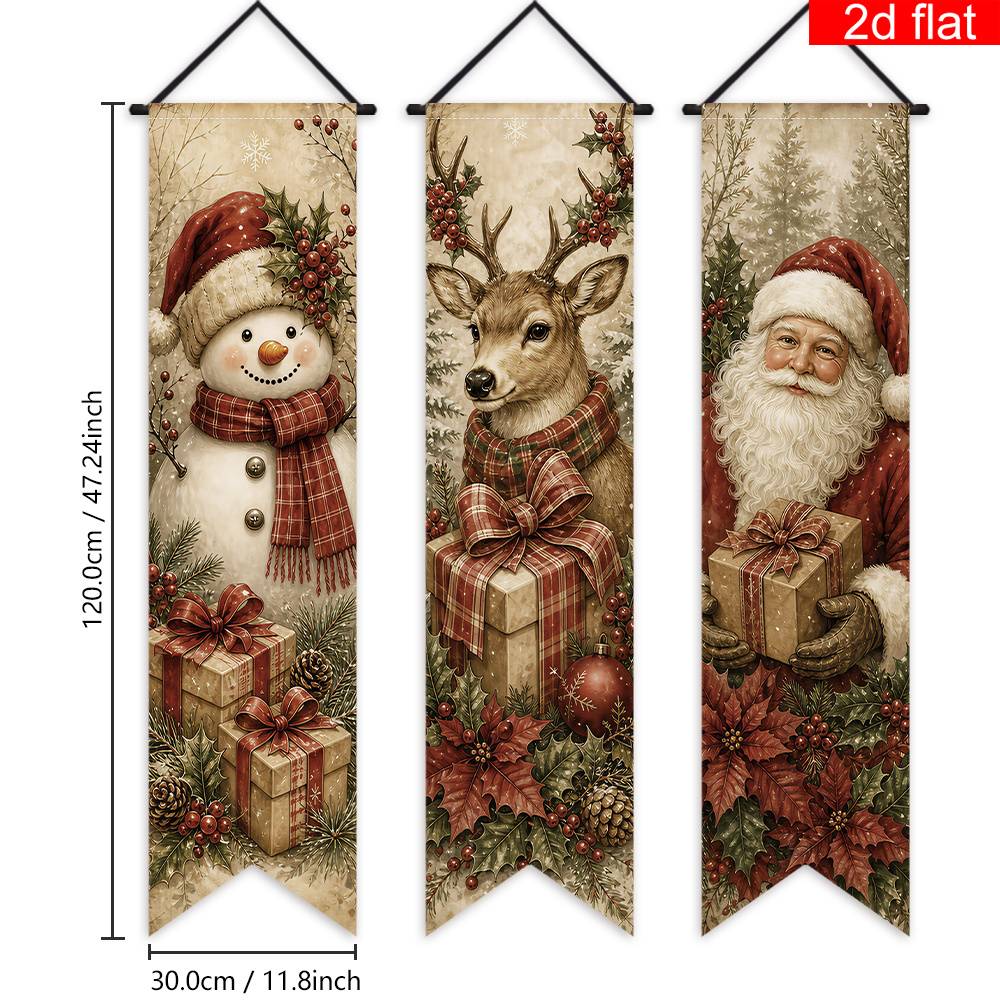 TEMU 2d Flat, 2d Flat - 2d Flat, 2d Flat - 2d Flat Banner, 3pcs Christmas Themed Front Door Porch Sign Banner, Polyester, Vintage Distressed Beige
