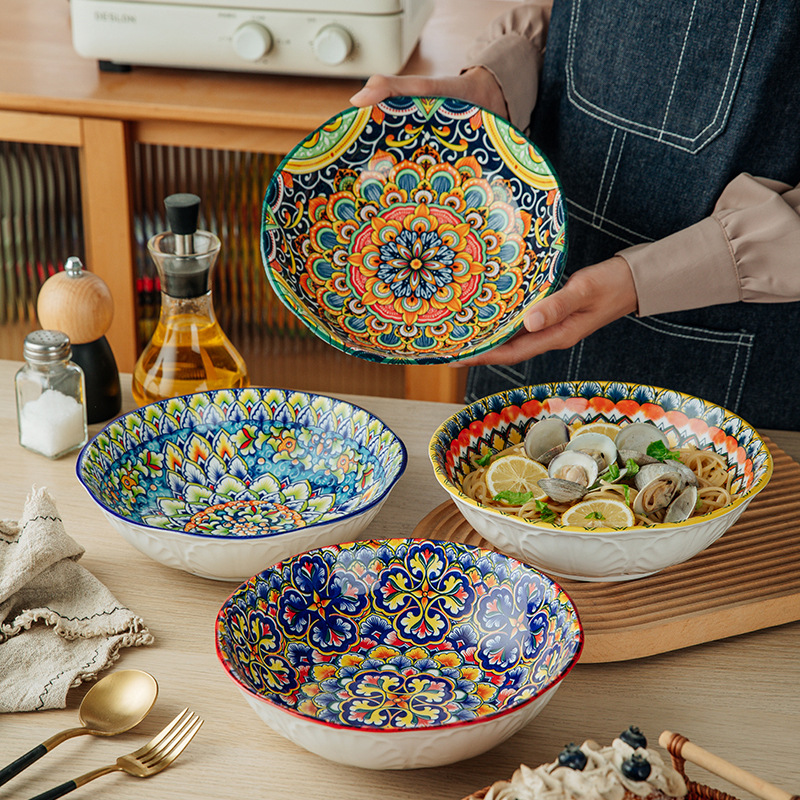 Große Servierschüsseln im Boho-Stil, 22,86 cm Obstsalatschüsseln, dekorative Servierschalen für Bewirtung, 2-teiliges Nudelschüssel-Set, lebendige bunte Suppenschüsseln für Partys