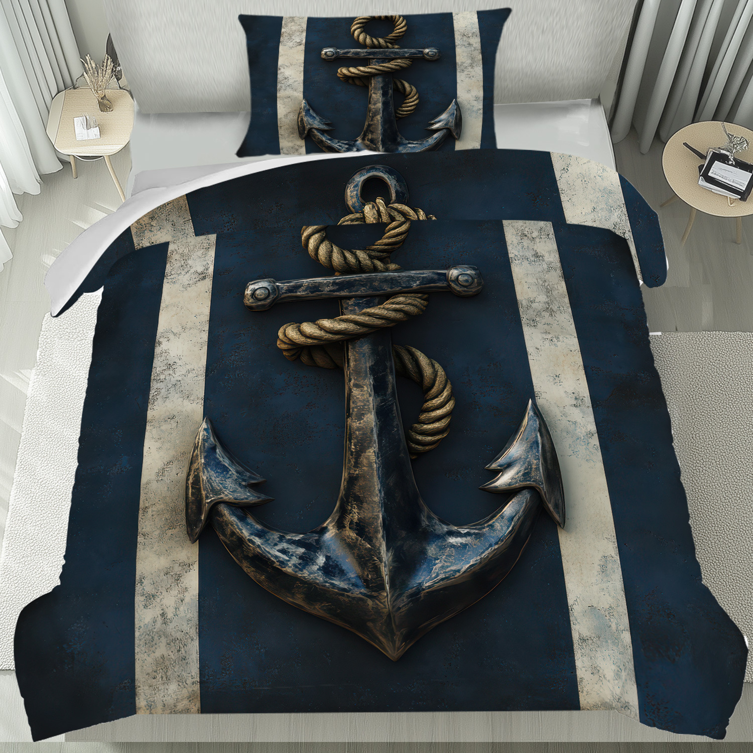 E-shop Latacaca 2/3-teiliges Nautisches Boot Ankerseil Design Bettbezug Set, Beinhaltet 1 Bettbezug und 2 Kissenbezüge, Stilvolle Schlafzimmer Deko,