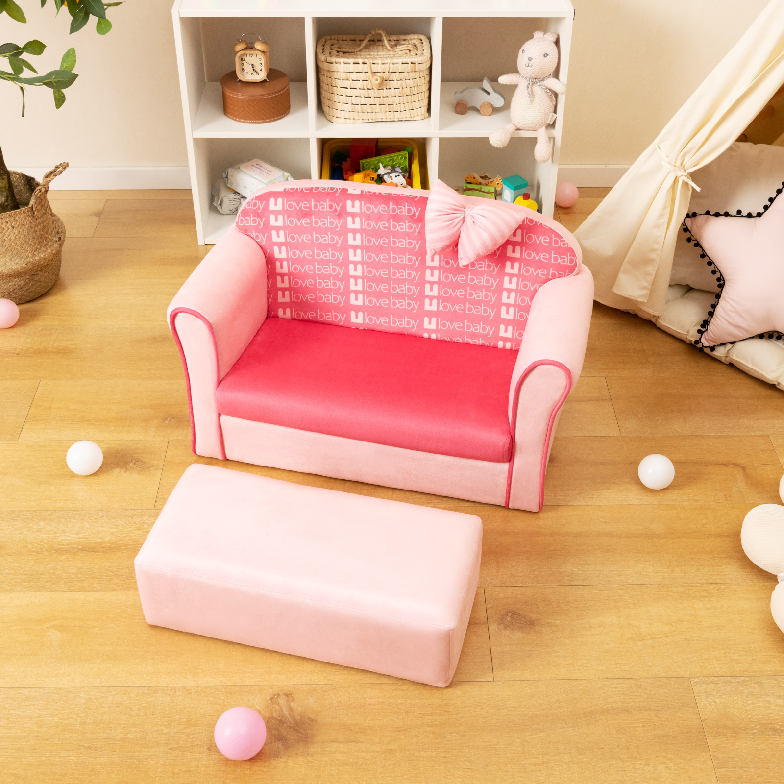 COSTWAY Double Sofa with Ottoman, Upholstered Couch Featuring Curved Armrests, Adorable Bow, Sturdy Wooden Frame, Soft Velvet Loveseat Chair for Kids -5