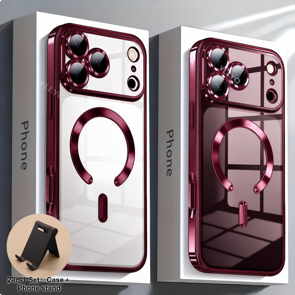 TEMU Phone Case - 2-in-1 Set: Case And Phone Stand For Magsafe Transparent Electroplated Shockproof Phone Case Suitable For Iphone 18 17 16 15 14 13