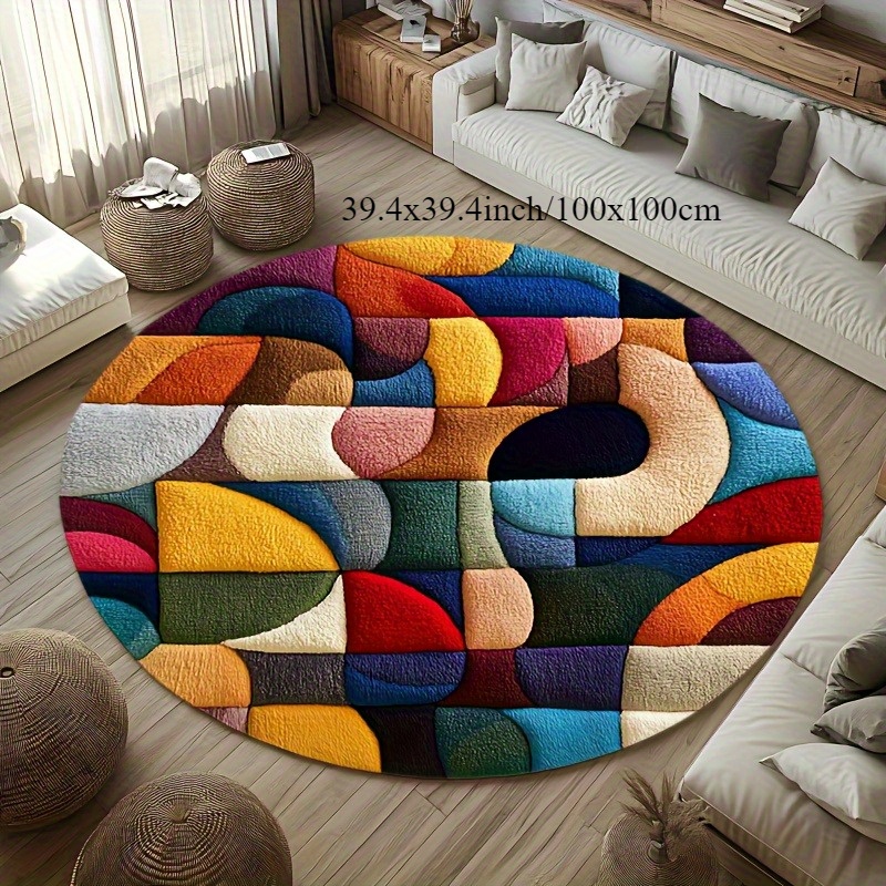 TEMU [ Product] Round Floor Mat Carpet With Colorful Abstract Pattern Of Geometric Shapes, Flannel Meditation Cushion Yoga Meditation Cushion,