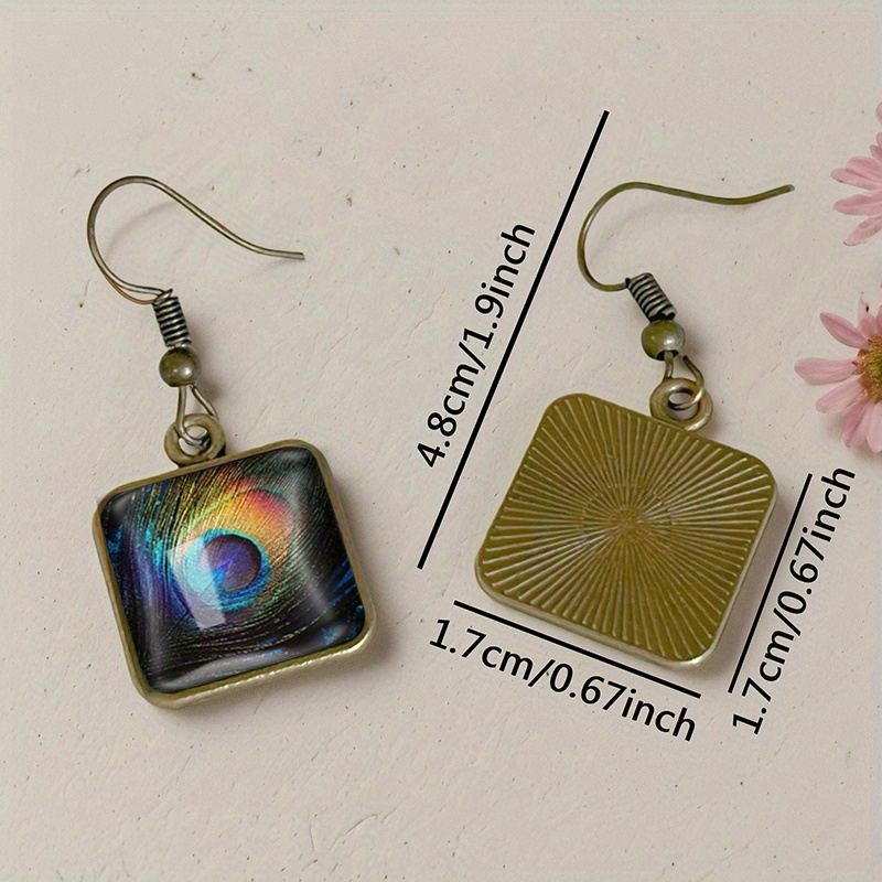 Vintage Square Earrings with Peacock Feather Design