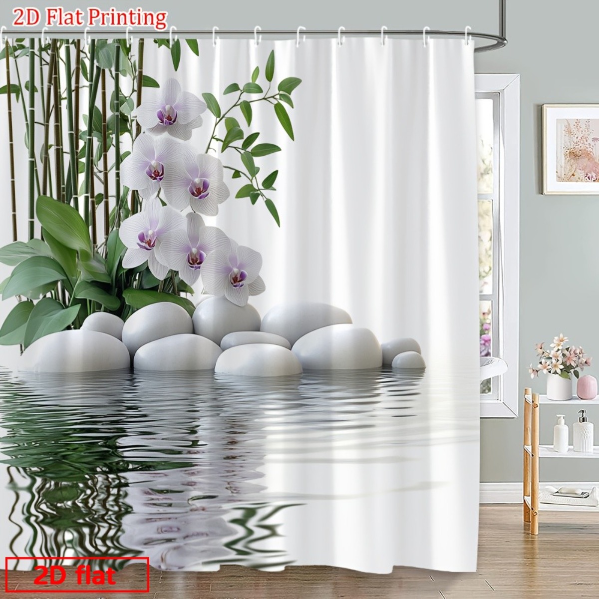 TEMU 2d Flat, 2d Flat Printing Shower Curtain, 1pc, Zen Pond 2d Curtain White Pebbles Orchid Stalks Reflective Water Bathroom Decoration, Home