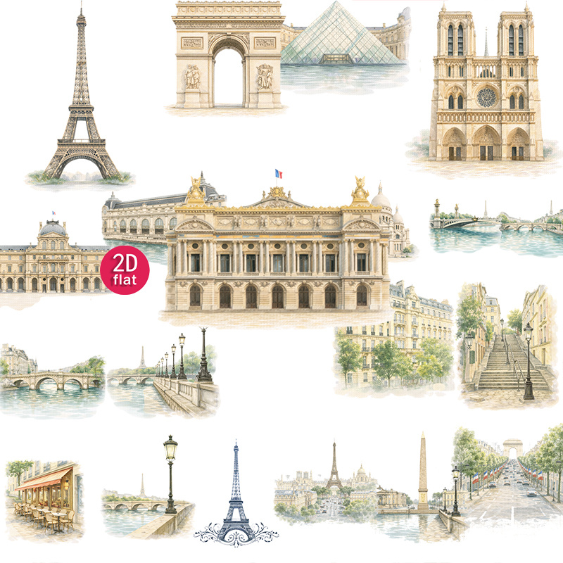 TEMU 2d Flat 20pcs Landmarks Stickers, Aesthetic Travel Architecture Hand-drawn Decals For Journal, , Notebook, , Photo Albums, Cutting Decoration