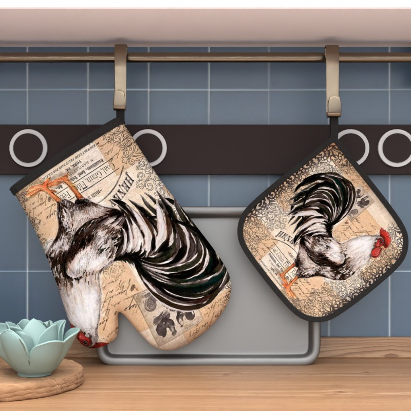 

2pcs Set Rooster Ink Painting Oven Mitts & Pot Holders - 10.6x6.7" Heat Resistant, Machine Washable Kitchen Gloves For Cooking, Baking & Decor - Perfect Housewarming Gift