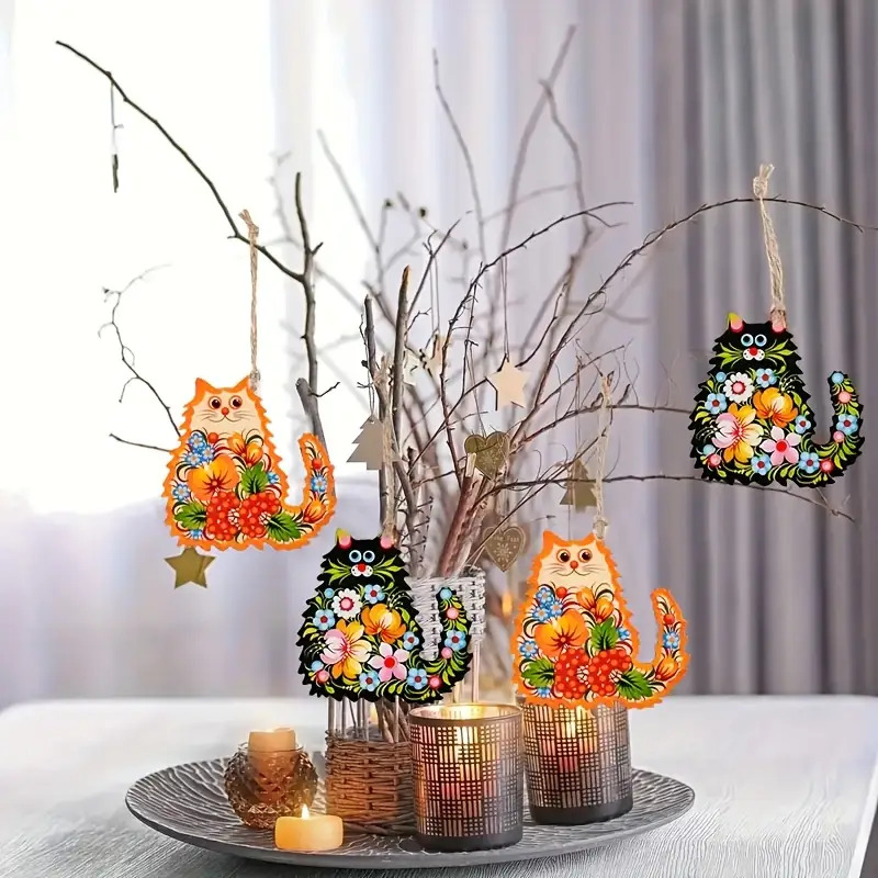 TEMU 2d Flat, A Set Of Wooden Christmas Ornaments, Animal Flat Decor - Floral Decor - Cat Lover Gift Hanging Ornament - Easy To Hang Design, No Power
