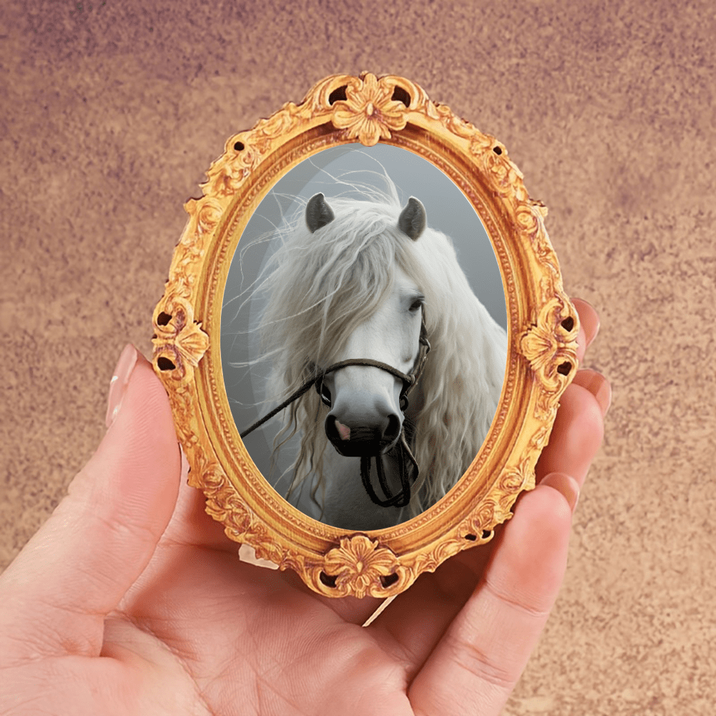 item picture 1pc fashionable oval wooden photo frame refrigerator magnet a   decor accessory featuring a white horse with flowing long mane exuding a   yet   presence mini photo   suitable for home decoration