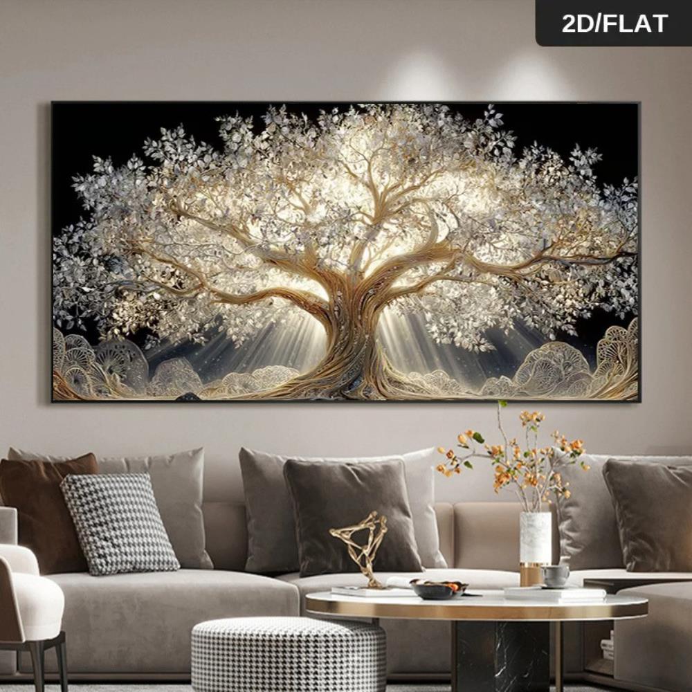 TEMU 2d Flat, 2d Flat, 2d/flat 1pc Large Size Frameless Modern Abstract Tree Of Life Canvas Painting - Snow-covered Tree Of Life Poster, Modern