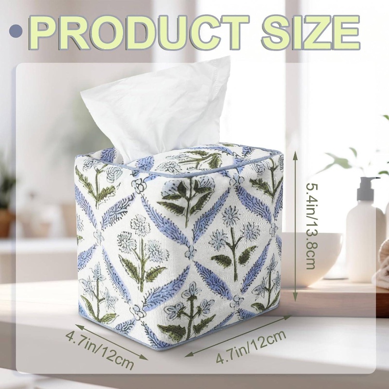 1pc elegant fabric tissue box cover & napkin holder - blue floral print with   &   trim, soft pastel blue/green/white, fits square/rectangular tissue boxes, space-saving decorative storage for bathroom, bedroom, office - handmade-look design, machine washable & crack-proof, fits most tissue boxes (paper not included) -   decor in blue, green, beige colors Product details 1