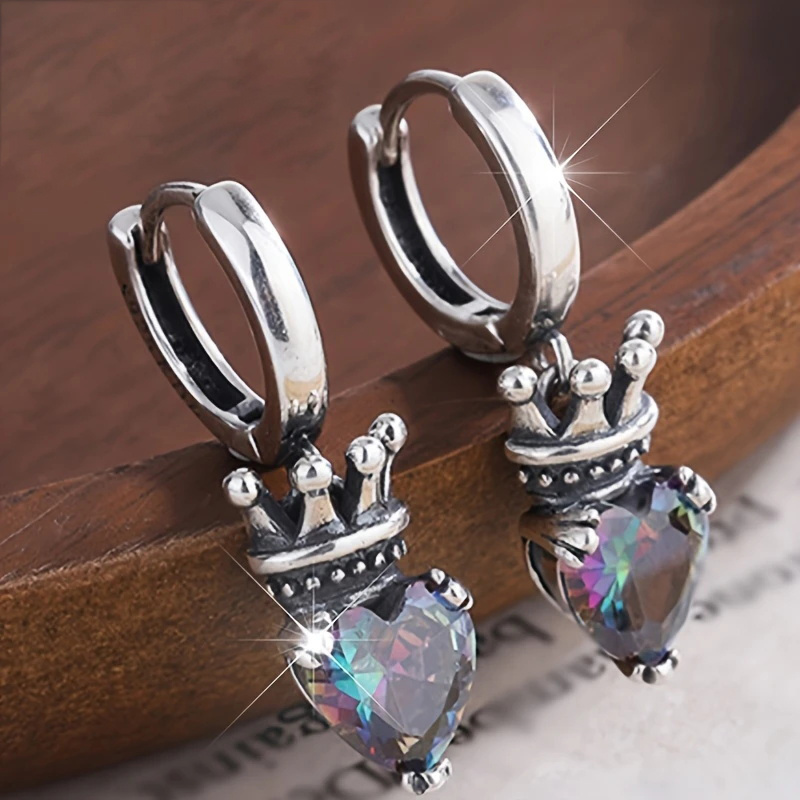 TEMU 1 Pair Fashion Crown Hoop Earrings Retro Sparkling Colorful Zirconia Heart Shaped Earrings For Women Vacation Jewelry