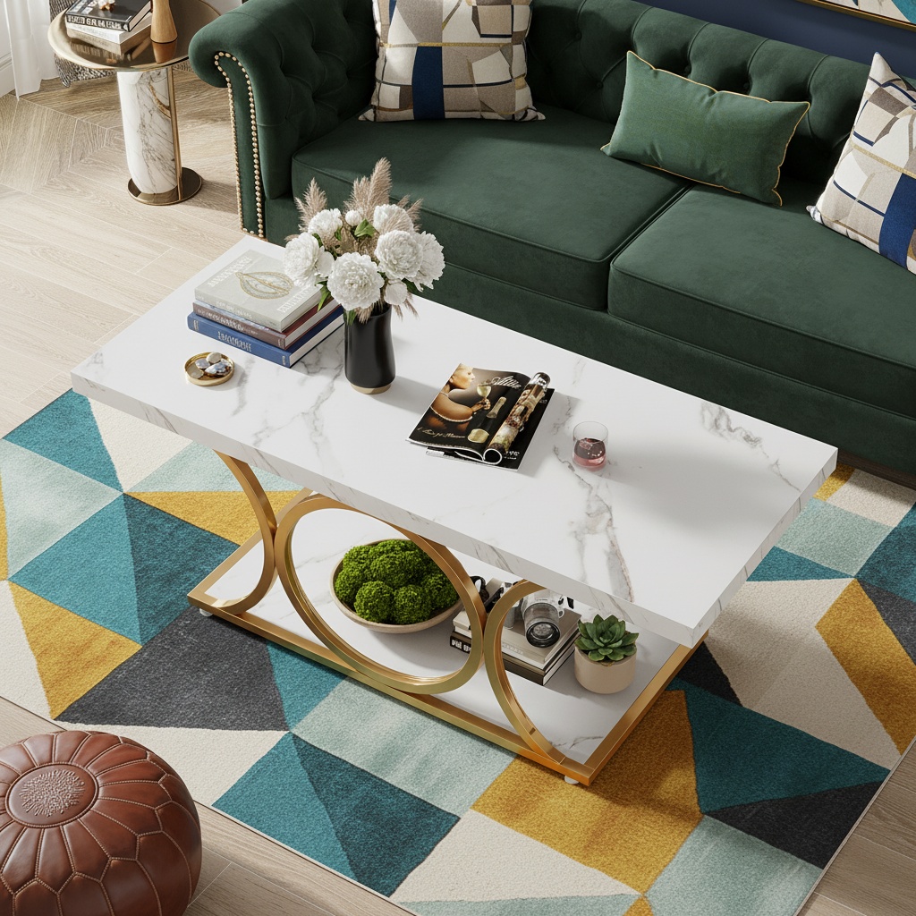 120cm Modern White & Coffee Table With 2-tier Storage Shelf - Space- Rectangle Center Table For Living Room, Easy Assembly Wood & Wood Frame, Luxury Accent Furniture