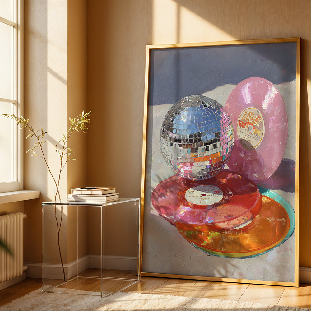 TEMU 2d Flat, 2d Flat, Retro Style Disco Ball And Vinyl Records Posters Colorful Music Theme Canvas Prints Vintage Party Decor Wall Decor Canvas Art