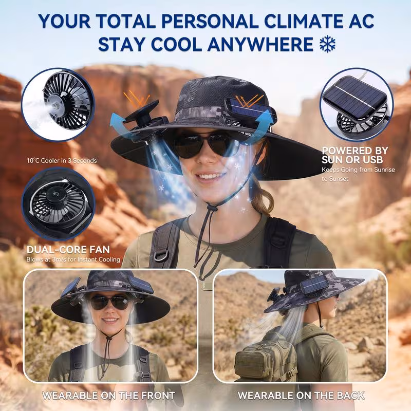 2026 solar cooling fan hat with spray wide brim sunscreen hat with fan mens and womens outdoor ventilator hat fishing hiking and camping ideal for fathers day gifts 7