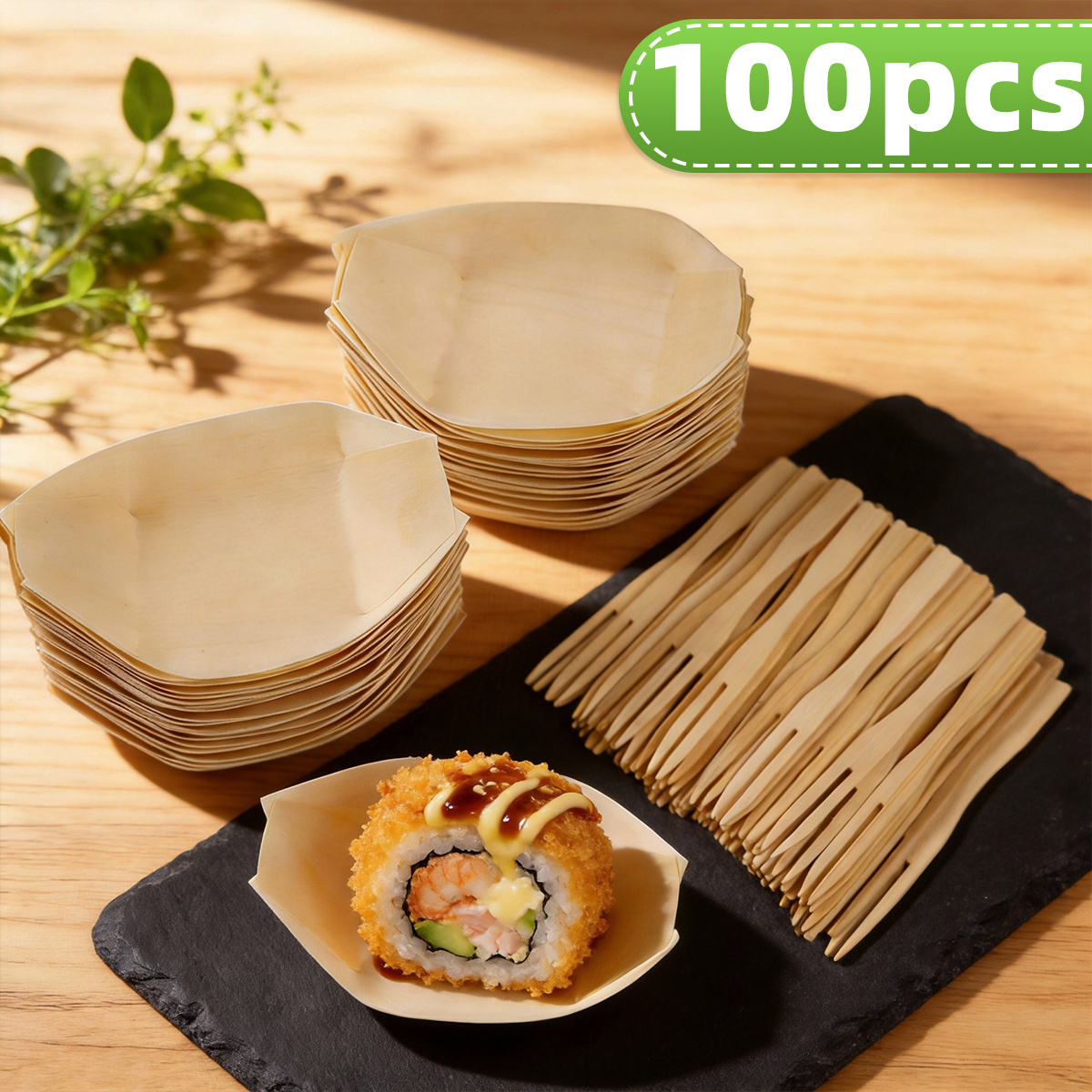 TEMU 50/100pcs Disposable Creative Mini Tableware Set (includes 25/50pcs Wooden Appetizer Mini Display Plates And 25/50pcs Mini Forks), Lightweight,