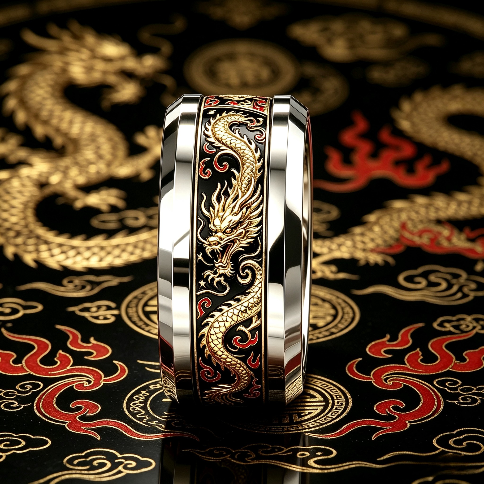 TEMU An 8mm Unisex Black Golden Enamel Three-dimensional Relief 304/304l Stainless Steel Ring With Flame Cloud Pattern, Suitable For Daily Wear,