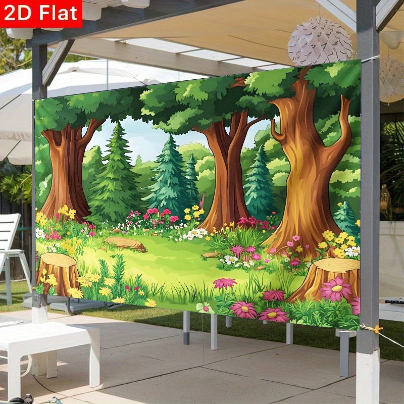 TEMU 2d Flat, 2d Flat Banner 1pc Forest Clearing Cartoon Backdrop For Birthday Party Wedding Photo Booth, Scenic Landscape Background Cloth, With