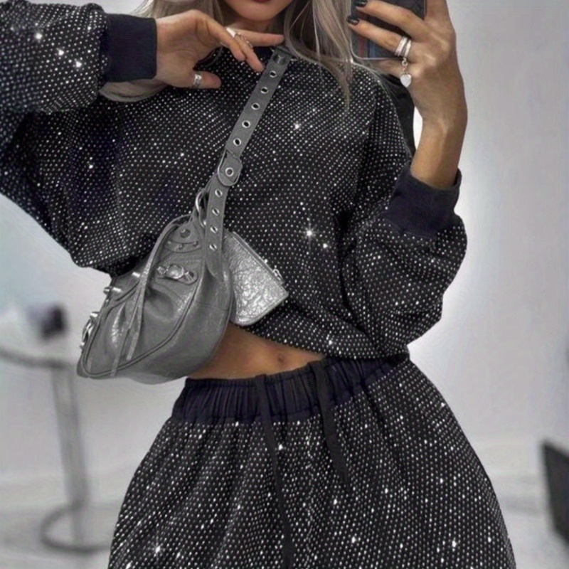 

Womens Long-sleeved Round Neck Glitter Sequin Drawstring Wide Leg 2pcs Set