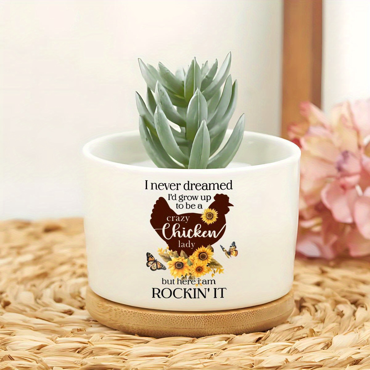 item picture 1pc ceramic planter with bamboo saucer decorative succulent pot with mini plant container ideal for garden or desktop decor features sunflower   and   gardening gift home decor