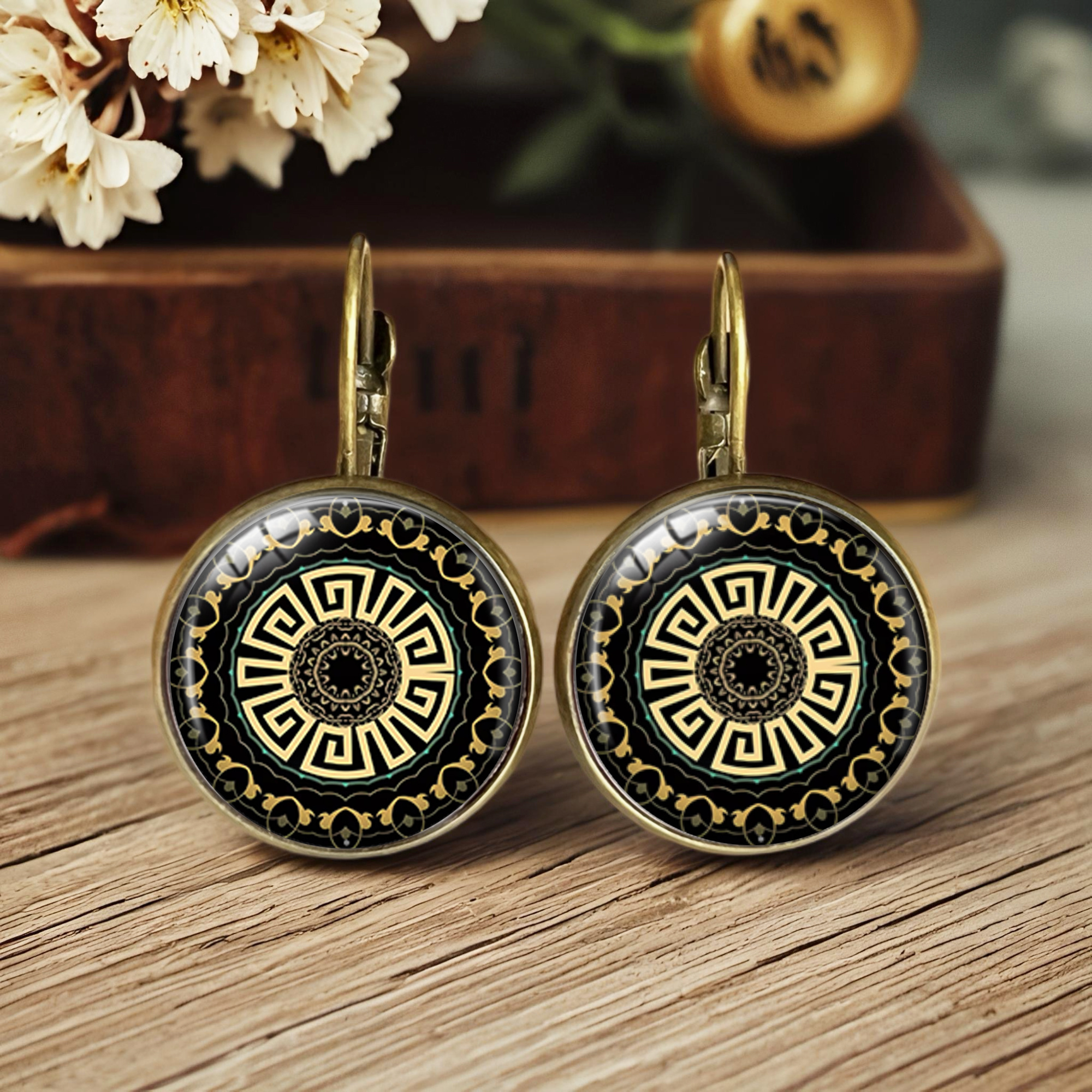 TEMU 1 Pair Of Neoclassical Greek Letter Earrings, Mandala-style Hoop Earrings, Women's Artistic Jewelry