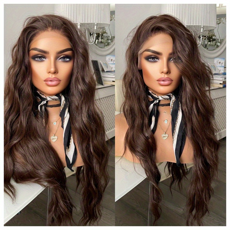 

Dark Brown Lace Front Long Wig For Women Natural Looking 13x3 Ocean Wave Lace Front Wig Heat Friendly Synthetic