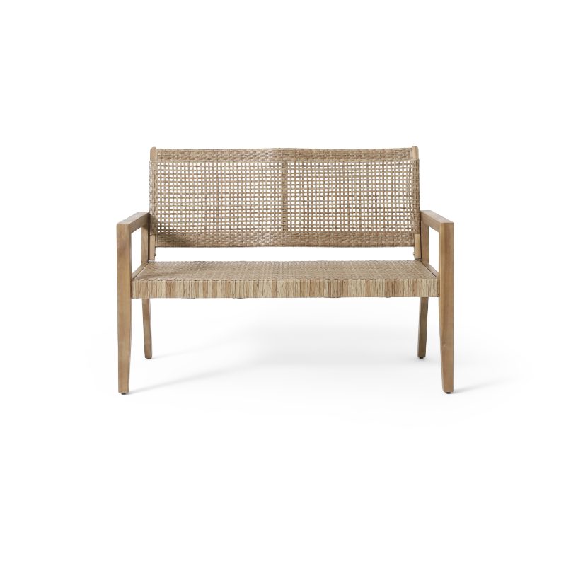 Urban Rustic Outdoor Wicker And Acacia Wood Loveseat, Light Multibrown And Light Brown, 34'' H X 5'' X 27.25'' D