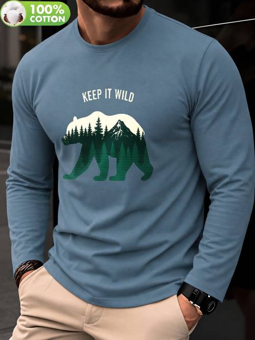 item picture 100 mens t shirt crew neck pure long sleeve spring autumn friendly soft comfortable breathable standard fit daily casual forest bear print