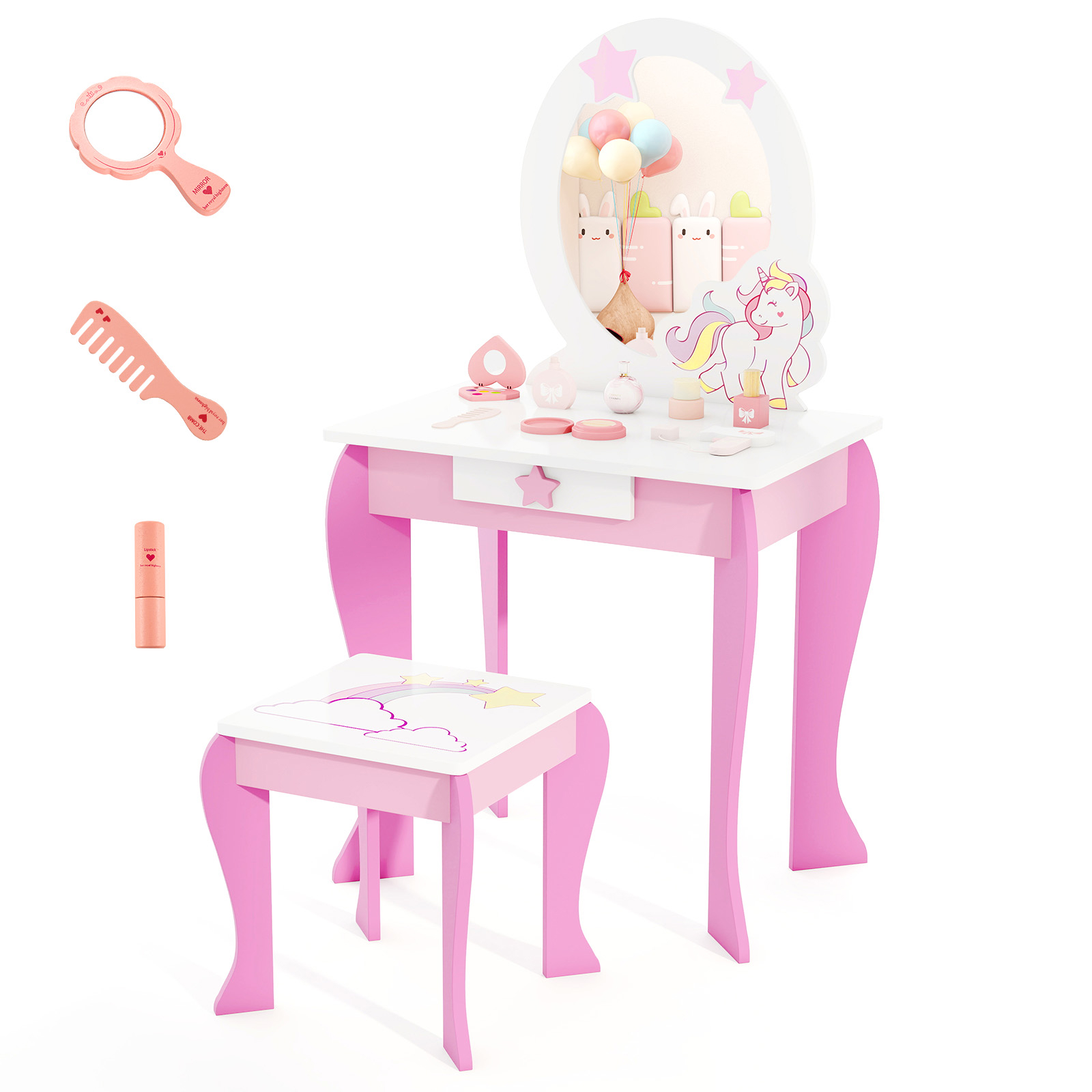 Image of Kids Vanity Table And Chair Set, Princess Makeup Dressing Table W/ Mirror & Stool For Little Girls, 2in 1 Vanity Set Writing Desk W/ Detachable Top