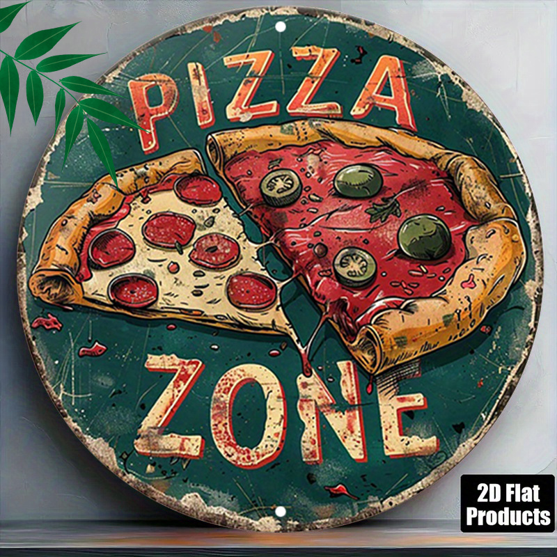 TEMU 2d Flat, 1pc Vintage Italian Pizza-themed Round Wall Decor Plaque - Retro Pizza Zone Sign Suitable, Farmhouse, Cafe,, - Plate With Pizza Art For