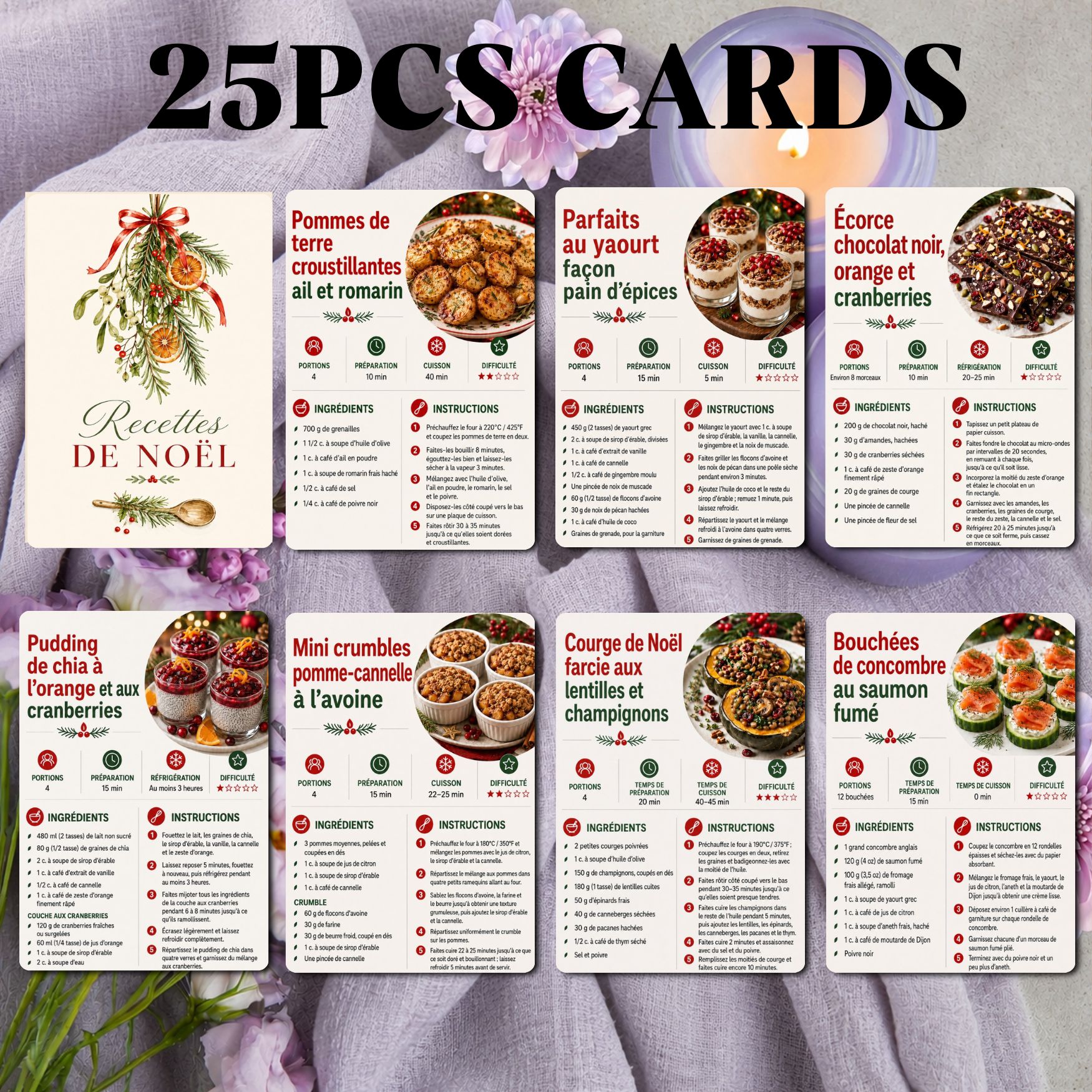 TEMU 25 cartes de recettes de dîner de Noël, cartes de cuisine de fêtes avec instructions par , listes d'ingrédients, apéritifs, plats secondaires et