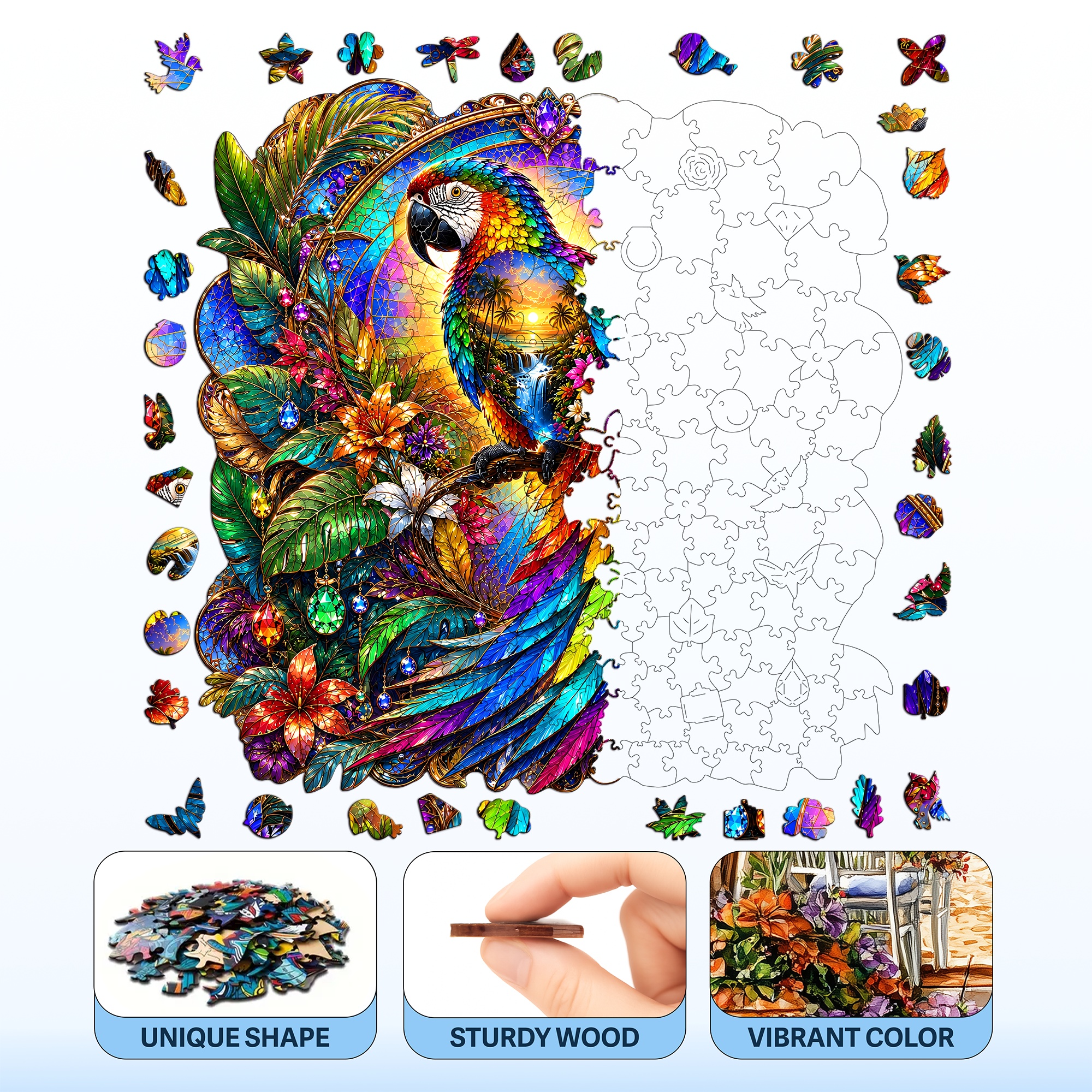 Rainbow Parrot Fantasy Flat Wooden Puzzle for Children