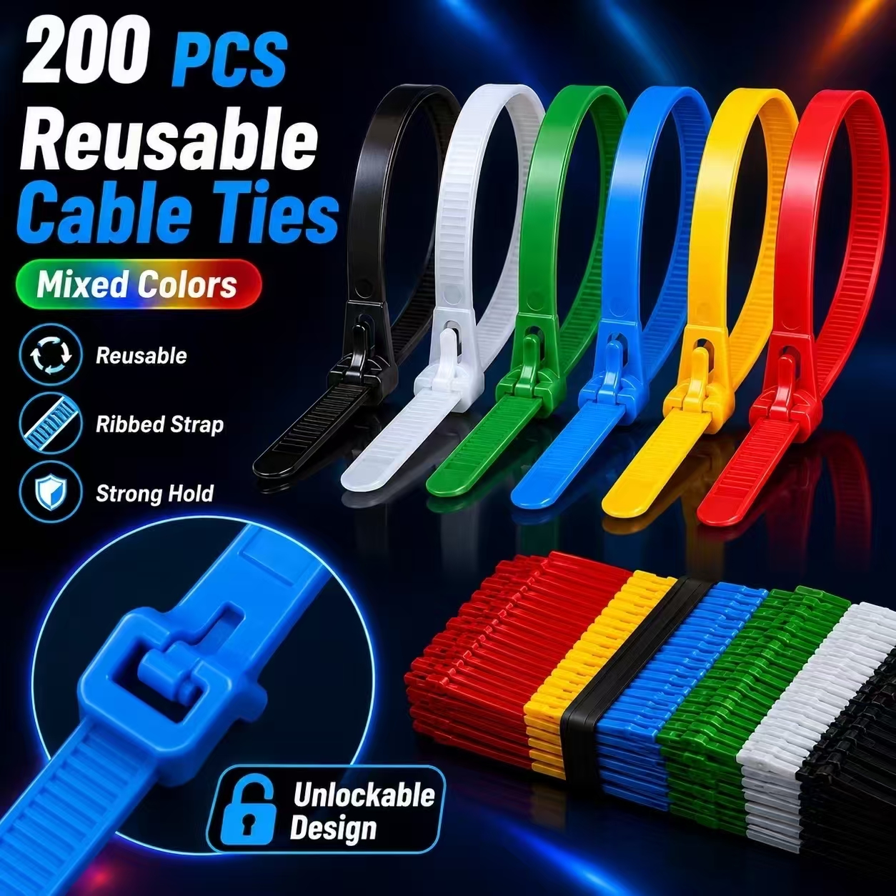 TEMU 200 de serrage en nylon robustes de couleur, de serrage autobloquants réutilisables en nylon, de couleurs mélangées, fixation sûre, structure de