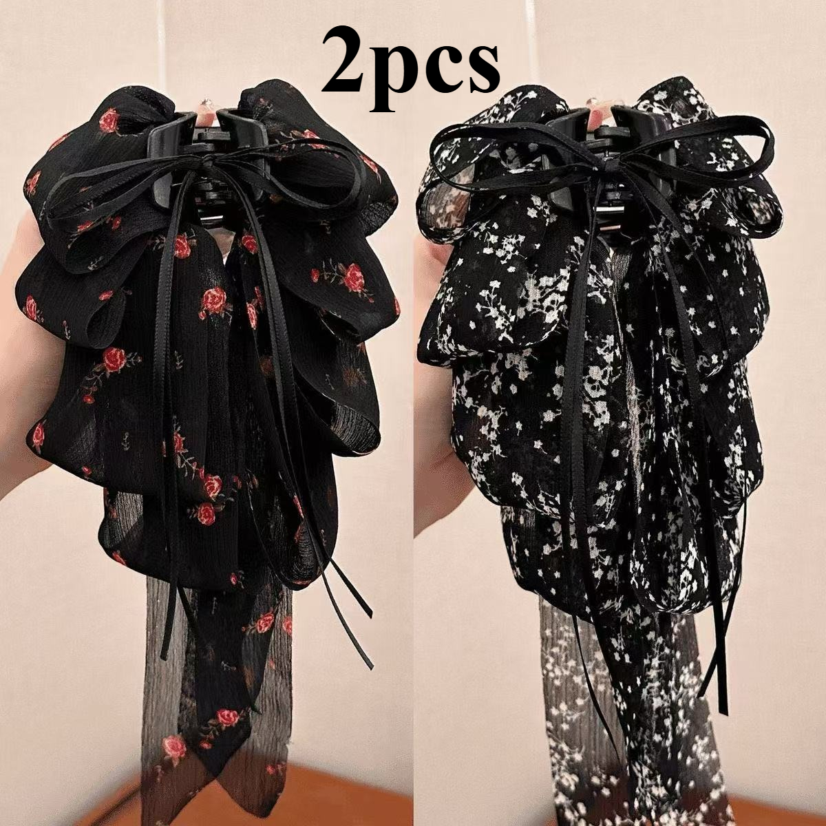 TEMU 2pcs French Imprimé Floral Nœud Clip Queue de Cheval Femme Robe Dos de Volume de Cheveux Augmenter Griffe Clip Cheveux Temperament Cheveux