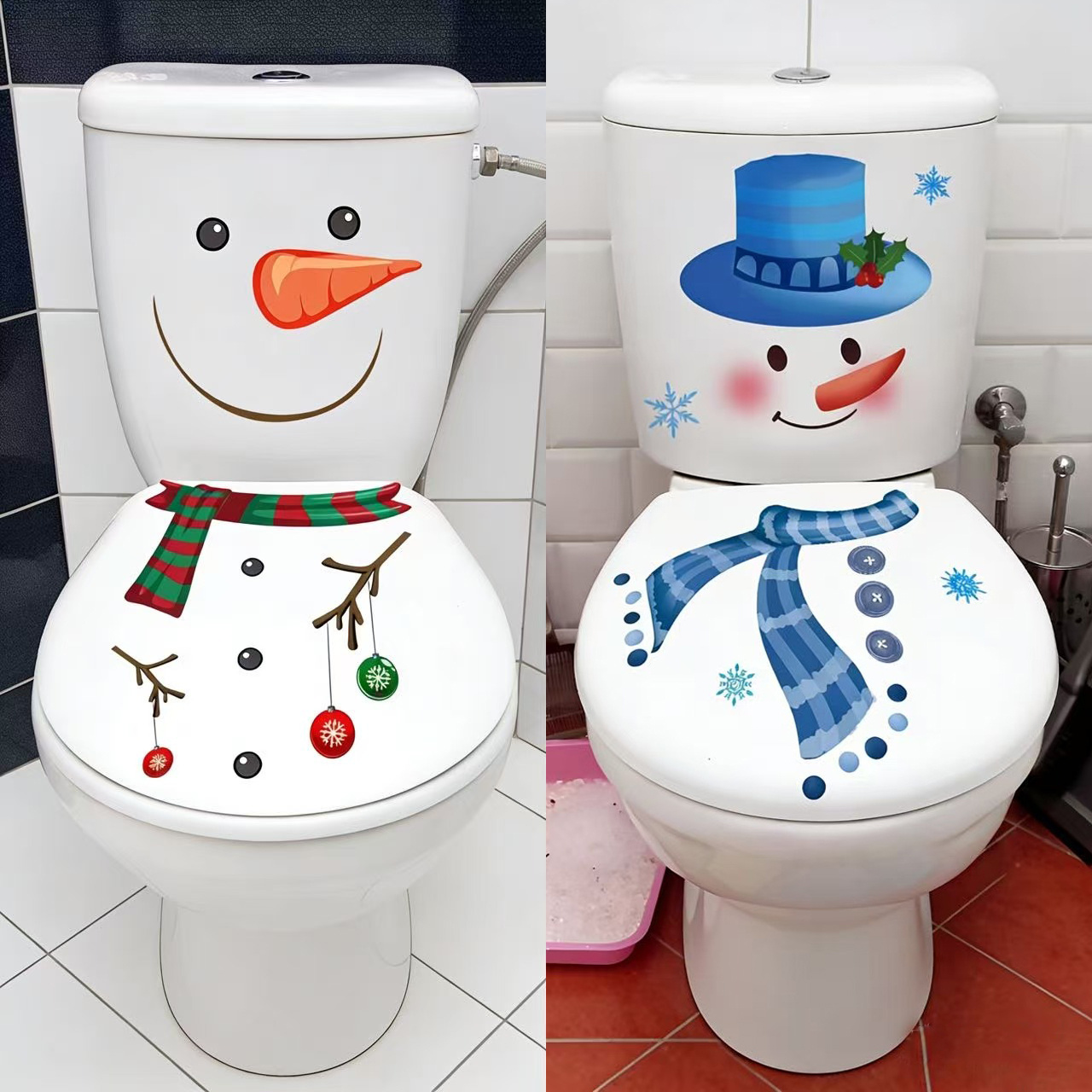 TEMU 2pcs Self-adhesive Snowman Toilet & Window - Removable Pvc Bathroom Decal With Snowman, Carrot Nose - & Stick For Christmas, New Year, Bathtub,