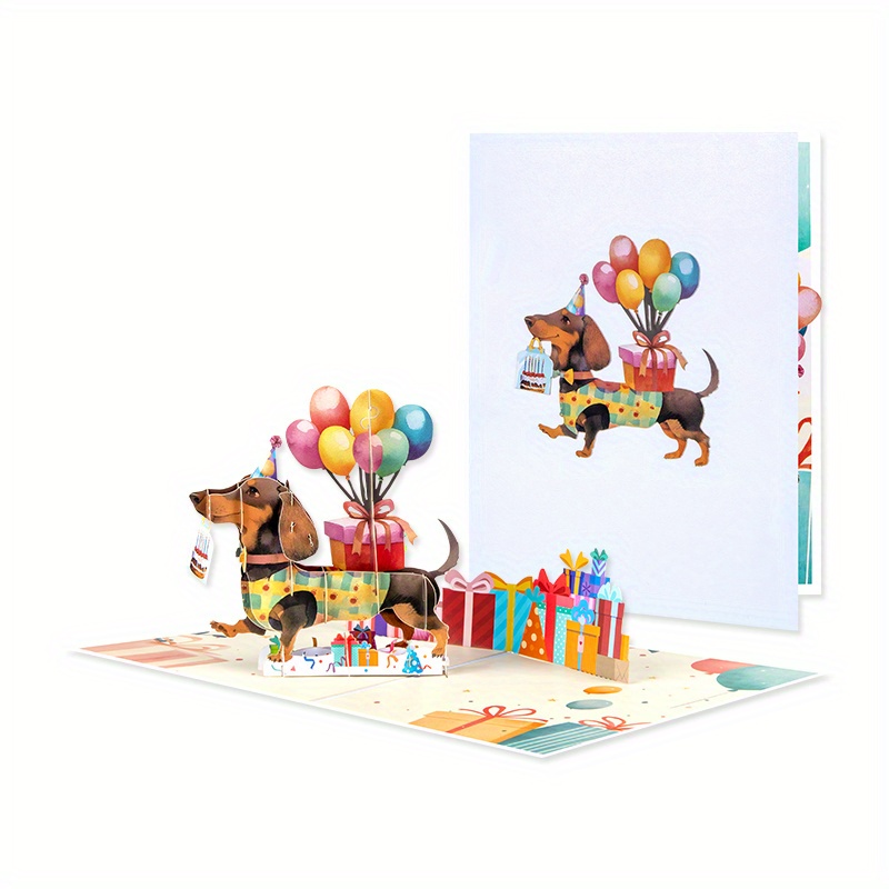E-shop ., 3D Pop-Up Glückwunschkarte für Hundefreunde - -Dog 3D Geburtstags Pop Up Karte -Dog Geburtstagskarte - Niedlicher Hund mit Kuchen Feier