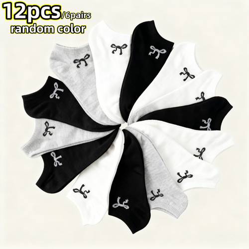12pcs 6pairs random color womens and unisex bow short socks breathable spring summer invisible compression socks suitable for wide calf fit loose ankle classic solid colors light beige