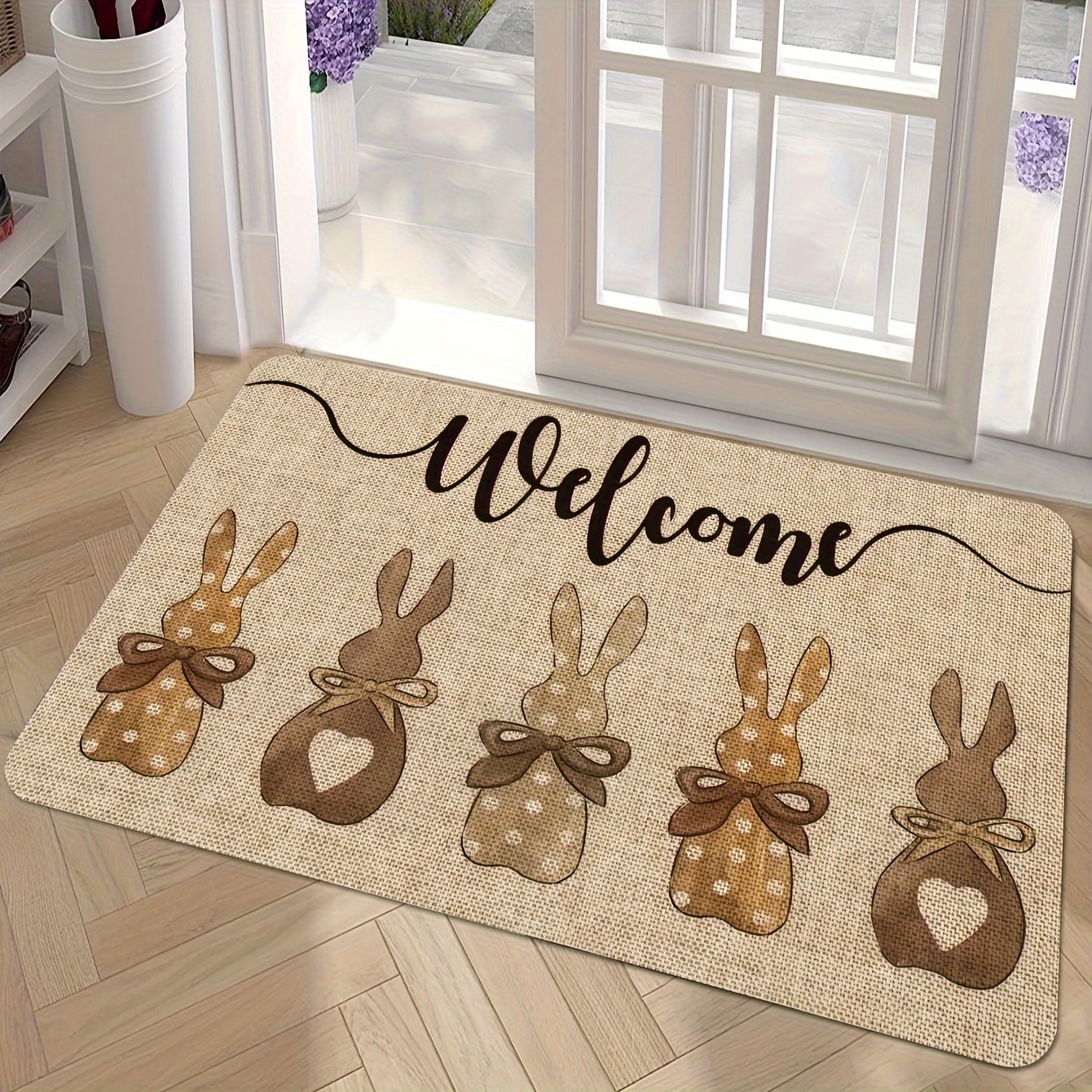 Image of 1pc Easter Bunny Welcome Door-washable Polyester Flannel, Rectangular Indoor/outdoor Home Decorative Pad, Outdoor Welcome| Decorative Welcome| Flannel Door